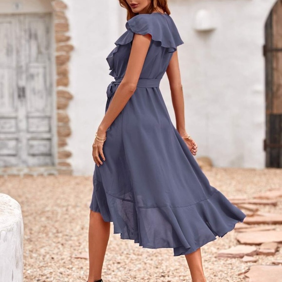 Boho Dusty Blue ruffle hem wrap belted Maxi Dress - Picture 10 of 12